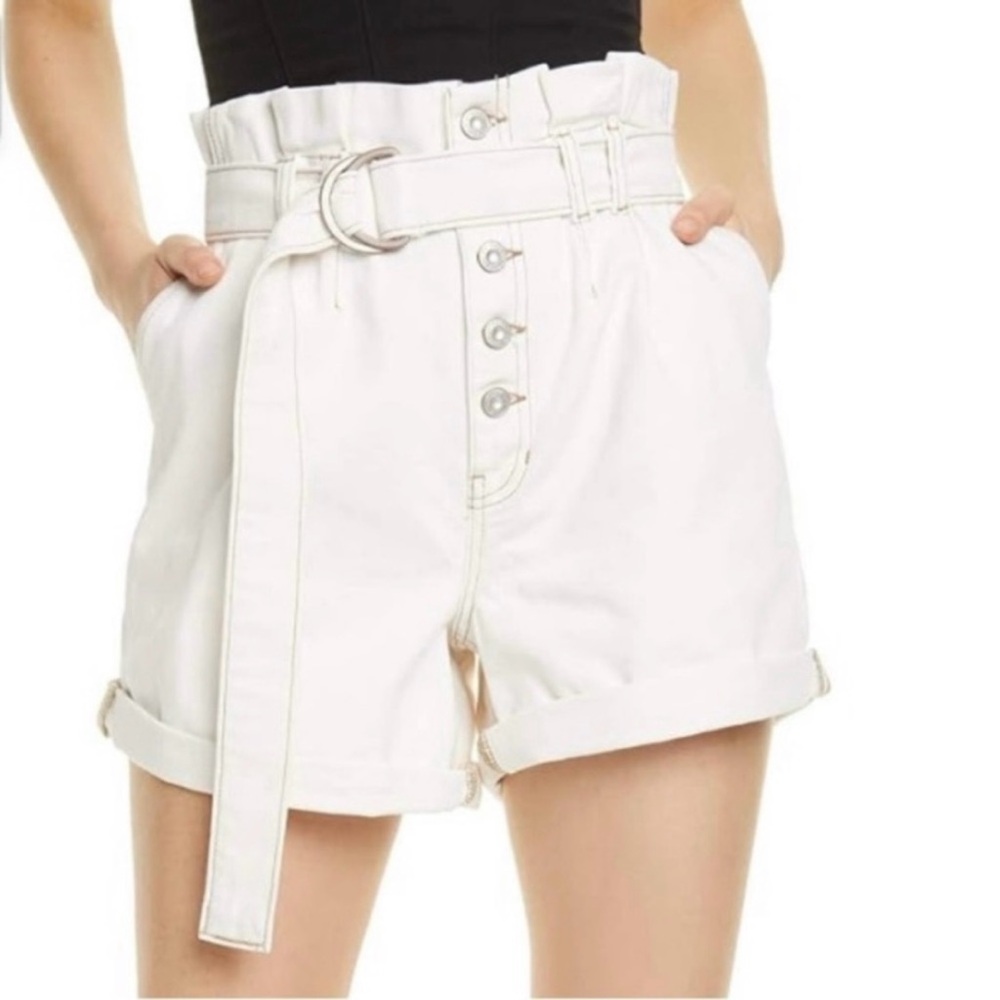 Free People White Shorts Cindy Paper Bag High Waist Ivory Denim Belted Sz 10